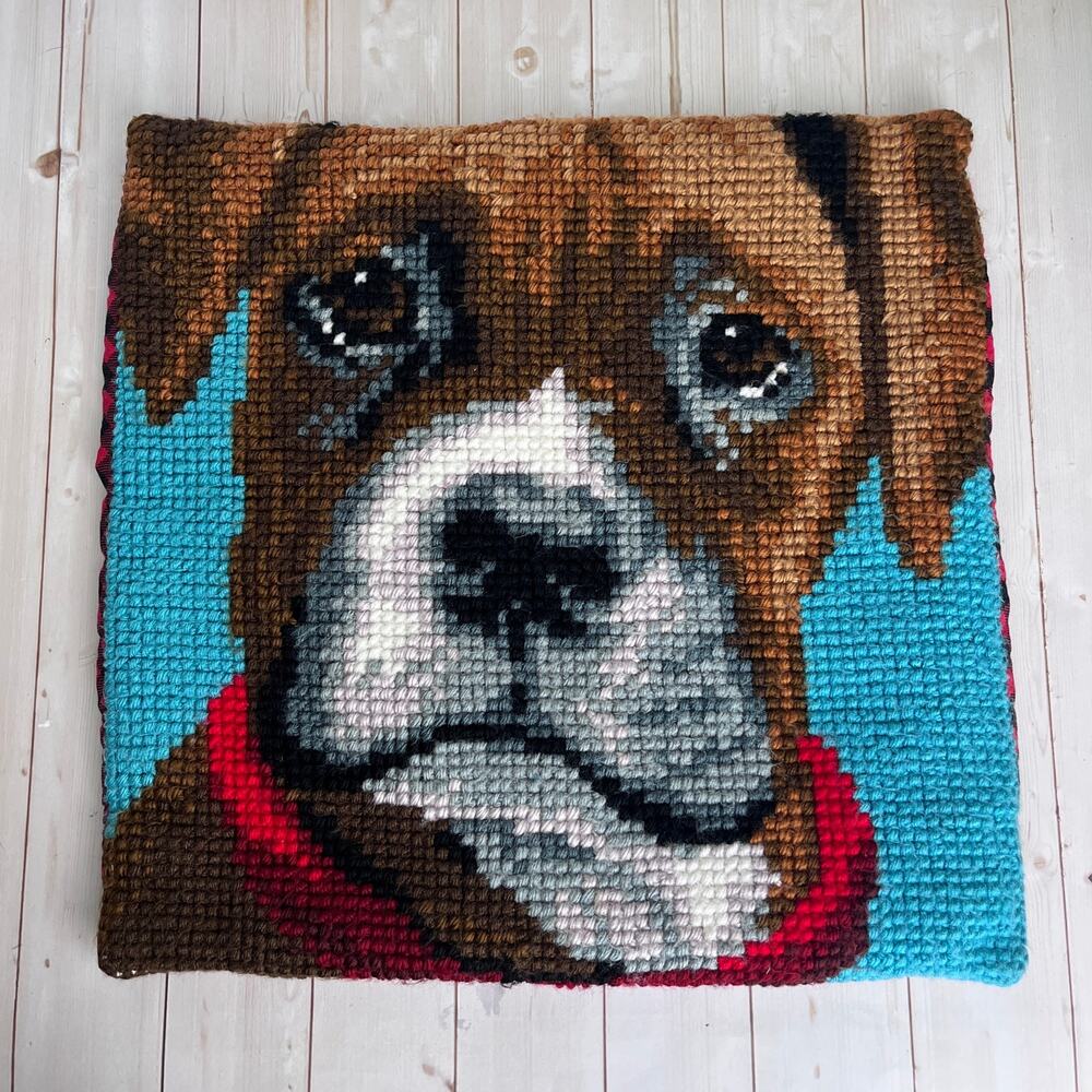 Handcrafted Finished Needlework Boxer Dog Pillow Cover Buffalo Check Back